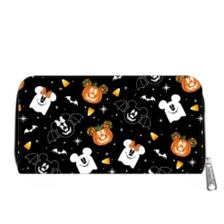 LOUNGEFLY DISNEY SPOOKY MICKEY AND MINNIE MOUSE CANDY CORN ZIP AROUND WALLET