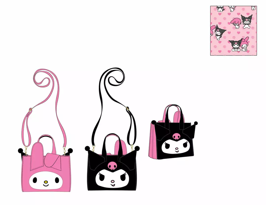LOUNGEFLY SANRIO MY MELODY & KUROMI DOUBLE SIDED CROSS BODY BAG 5 LOUNGEFLY SANRIO MY MELODY & KUROMI DOUBLE SIDED CROSS BODY BAG